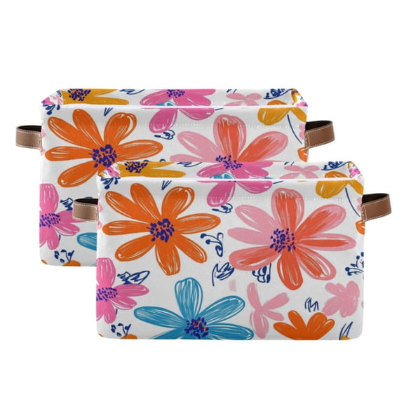 Orange and Pink Flower Pattern Foldable Storage Basket,Canvas Fabric Foldable Storage Bins with Handles Open Home Storage Bins Boxes for Toy Book Shelf Closet Baskets