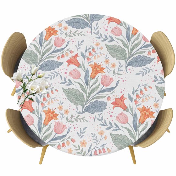 Orange Pink Flowers Round Tablecloth 36-44 Inch Round Fitted Table Cloth with Elastic Edge, Spring Watercolor Botanical Floral Leaf Waterproof Table Cover Protector for Outdoor Picnic Party Dining