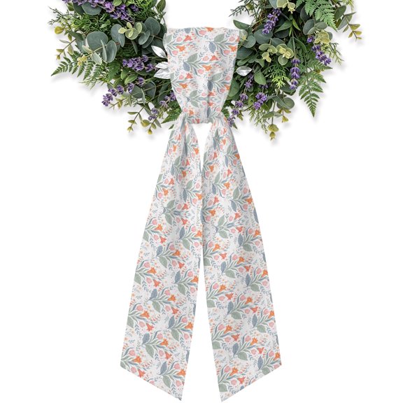 Orange Pink Flowers Wreath Sash for Front Door, Spring Watercolor Botanical Floral Leaf Wreath Bow Holiday Garland Ribbon Wreath Accessories for Home Yard Porch Fall Christmas Decorations Gifts