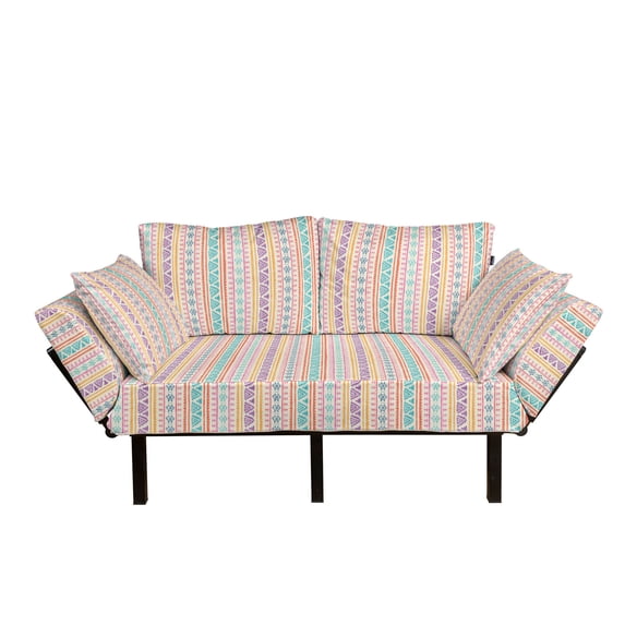 Orange and Pink Futon Couch, Hand Drawn Design with Timeless Triangle and Arrow Motifs, Daybed with Metal Frame Upholstered Sofa for Living Dorm, Loveseat, Multicolor, by Ambesonne