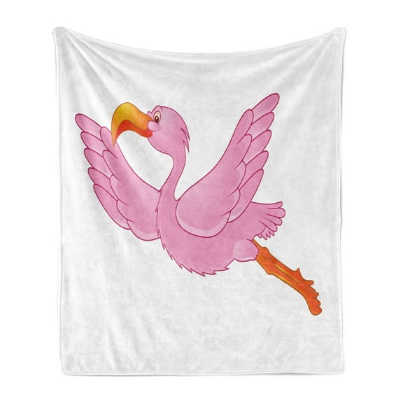 Orange and Pink Soft Flannel Fleece Blanket, Flying Tropical Flamingo Pattern Cartoon Style Exotic Animal Illustration, Cozy Plush for Indoor and Outdoor Use, 50" x 60", Orange Pink, by Ambesonne