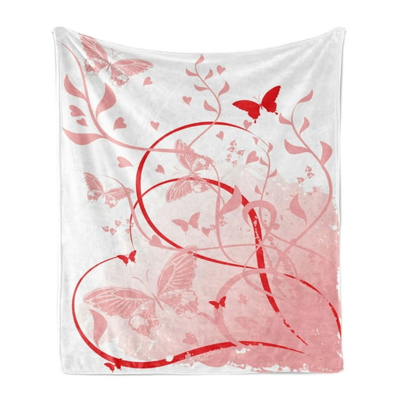 Orange and Pink Soft Flannel Fleece Throw Blanket, Warm Colors Victorian Style Arrangement of Swirls and Lines, Cozy Plush for Indoor and Outdoor Use, 70" x 90", Vermilion and Pale Pink, by Ambesonne