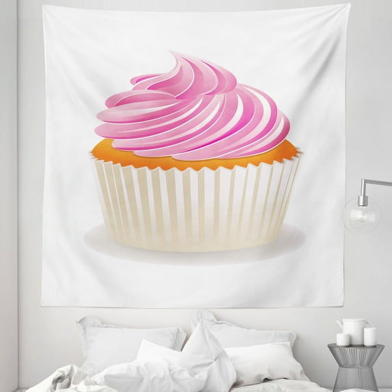 Orange and Pink Tapestry, Illustration of a Pink Cupcake Celebration Delicious Dessert Baking, Fabric Wall Hanging Decor for Bedroom Living Room Dorm, 5 Sizes, Pink Orange Cream, by Ambesonne
