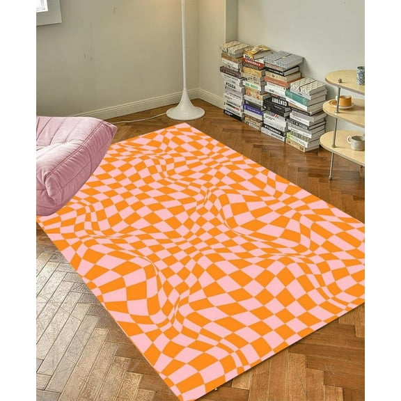 Orange Pink Wavy Checkboard Area Rug Boho Chic Washable Checkered Rug For Livingroom Bedroom Playroom Modern Diningroom Office Carpet Indoor Rug 4x5ft