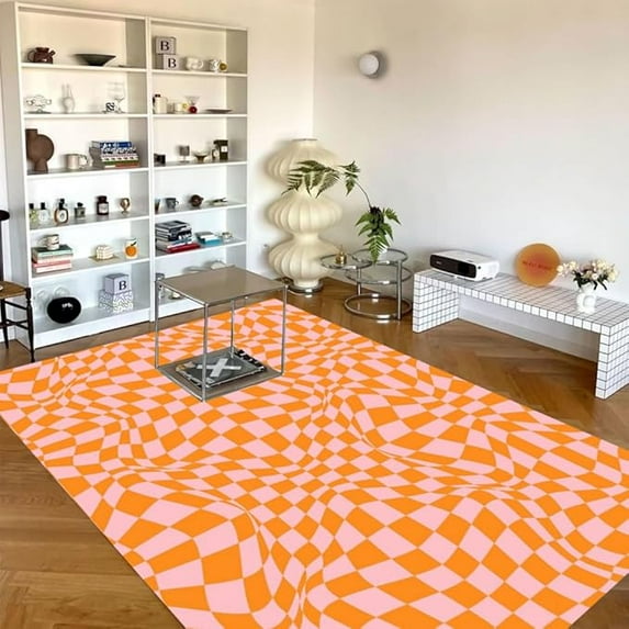 Orange Pink Wavy Checkerboard Area Rug, Boho Chic Washable Checkered Rug For Living Room Bedroom Playroom Modern Dining Room Office Carpet Indoor Runner Rug Mats 2' x 3'