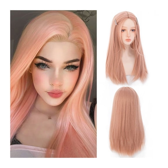 Orange Pink Wigs for Girls Women Long Straight Wig Middle Parting Wigs Natural Looking Heat-resistant Synthetic Wig for Daily Party Cosplay