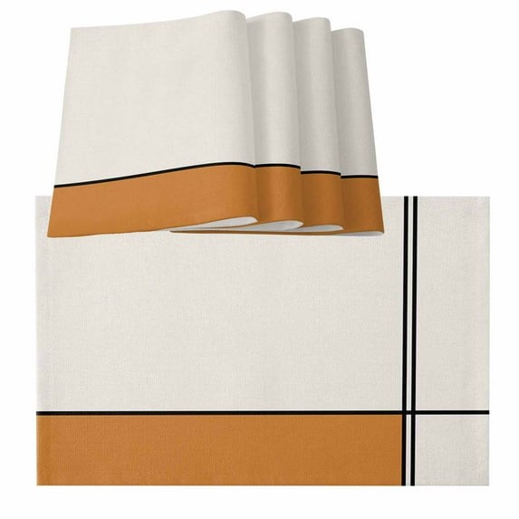 Orange, Placemats for Dinning Table Set of 6, Modern Abstract Geometric Patchwork Stripes Art Burlap Kitchen Place Mats Waterproof Cloth Table Mats, Indoor Outdoor Placemats Easy Clean Dinner Decor