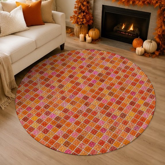 Orange Plaid 4' Round Rugs for Cozy Reading Nook Home Office Chair Area, Deep Red Orange Grid Emerald Green Bolck Rustic Washable Stain Proof Non Slip Circle Area Rug Home Soft Mats