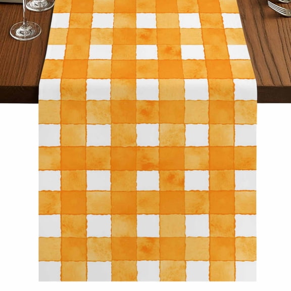 Orange Plaid 48 Inch Table Runner, Watercolor Grid Checker Gingham Farmhouse Farmhouse Dresser Scarf Cotton & Linen Tablerunner for Dining/Kitchen Island/Holiday Party Décor 13" x 48"