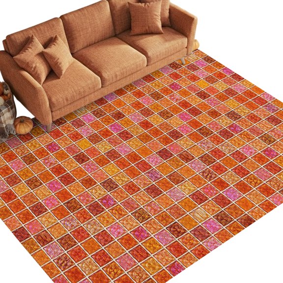 Orange Plaid 9'x12' Area Rugs for Living Room Sectional Sofa, Deep Red Orange Grid Emerald Green Bolck Rustic Washable Sturdy Non Slip Soft Sturdy Rectangle Home Area Rug