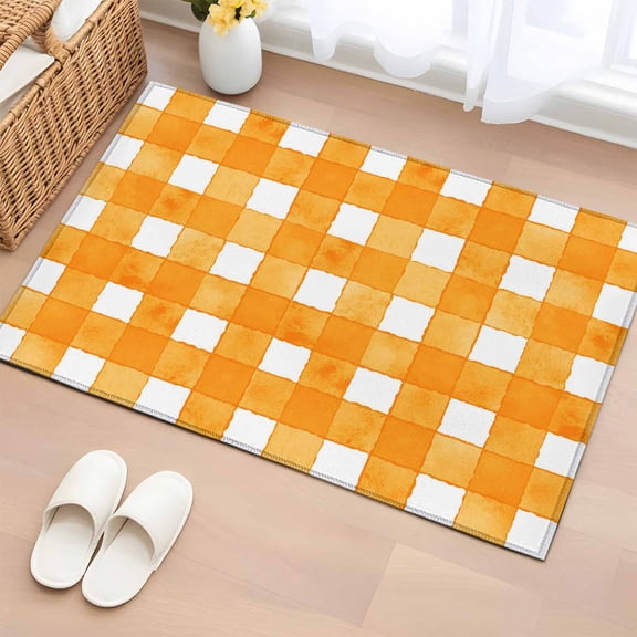 Orange Plaid Bathroom Rug Washable 2x3 Entryway Rug Non Slip Watercolor Grid Checker Gingham Farmhouse Front Door Mat Low Pile Indoor Doormat Throw Floor Carpet for Kitchen Bedroom Entrance