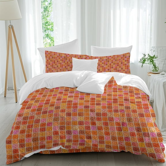 Orange Plaid Bedding Duvet Cover Set Twin Size 4 Pieces, Deep Red Orange Grid Emerald Green Bolck Rustic Bedding Set with Zipper Closure, 1 Comforter Cover 68x90 Inches 1 Flat Sheet & 2 Pillow Cases