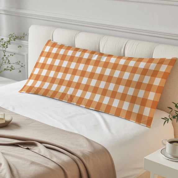 Orange Plaid Body Pillow Cover, Pillowcase Protectors with Zipper, Breathable Decorative Throw Pillow Case Cover, Gradient Geometric Buffalo White Checkered Pillow Shams for Couch Sofa 20x54Inch