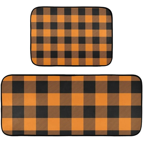 Orange Plaid Buffalo Checked Kitchen Rug Mats 2PCS Non Slip 47" x 20" + 28" x 20" Kitchen Carpet Floor Mat Hallway Rugs Anti Fatigue Doormat Home Decor