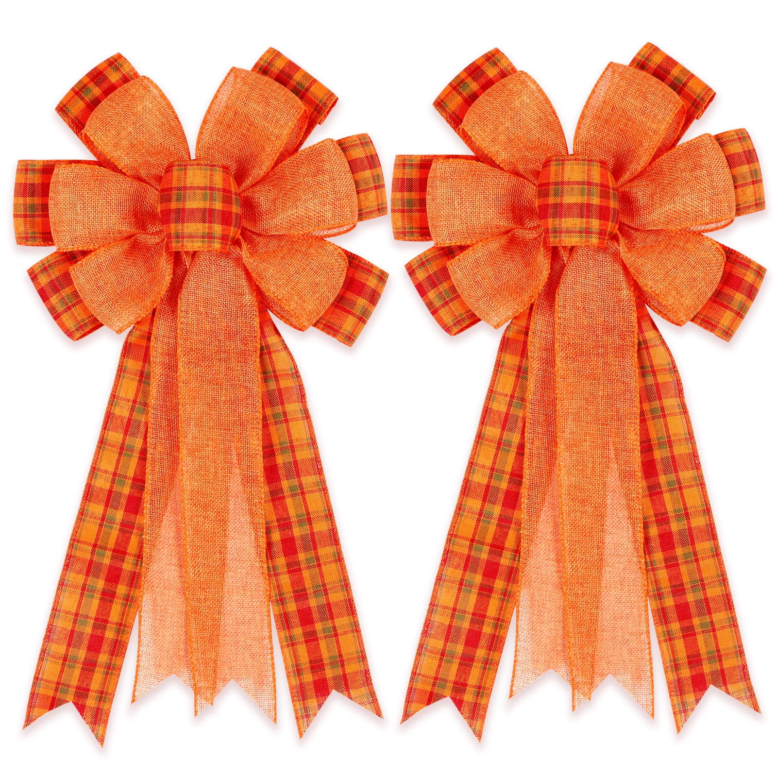 Orange Plaid Burlap Polyester Fall Bows 2 Pack Wreath Tree Topper Home Decor