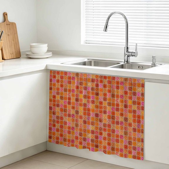 Orange Plaid Cabinet Curtain, Deep Red Orange Grid Emerald Green Bolck Rustic Sink Skirt for Bathroom, Under Sink shelf Curtain Privacy Drape for Kitchen Laundry Room 10x11in