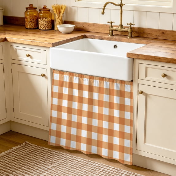 Orange Plaid Cabinet Curtains 35"W x 35"L, Gradient Geometric Buffalo White Checkered Sink Skirt for Bathroom Vanity Kitchen Self Adhesive, Dust-Proof Privacy Curtain for Shelves Closet Pantry
