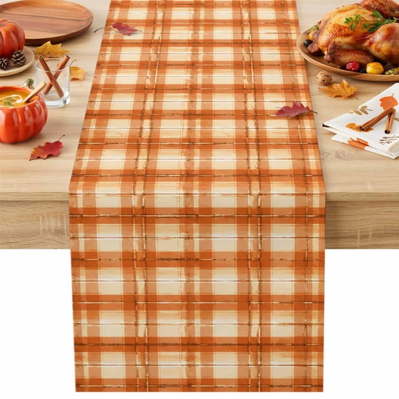 Orange Plaid Cotton Linen Table Runner for Dining Kitchen, Autumn Gingham Grids Modern Wedding Outdoor Party Tablerunners Decoration, Dresser Scarf Coffee Tablecloth Runners 13x48 Inches
