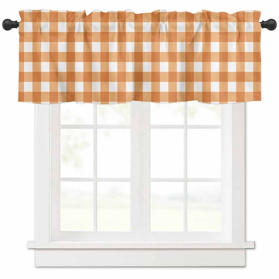 Orange Plaid Curtain Valance for Windows/Kitchen/Living Room/Bedroom, Gradient Geometric Buffalo White Checkered Rod Pocket Window Treatment Short Drape Topper Small Tier Cafe Curtains Panel 54X18