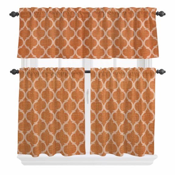 Orange Plaid Curtain Valances Set Retro Country Moroccan National Geometrical Plaid Kitchen Curtains 24&nbsp;inch Length Rod Pocket Valance and Tiers 3 Piece Set Small Bedroom Bathroom Laundry Decor