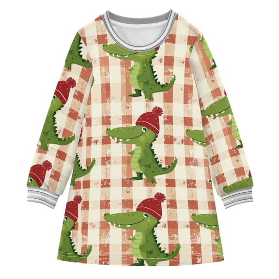 Orange Plaid Cute Dinosaur with Christmas Hat Long-sleeved Dress A-line One-Piece Dress for 2-8 Years Casual Party 5-6Y