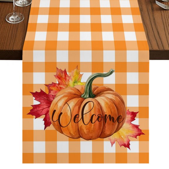 Orange Plaid Fall Burlap Cotton Table Runner 16x72 Inches Long, Welcome Pumpkins Maple Leaf Thanksgiving Farmhouse Table Runners, Outdoor Dining Tablecloths Decor for Baby Shower/Party/Wedding