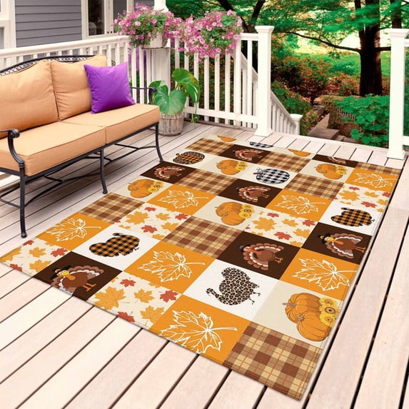 Orange Plaid Fall Outdoor Rug 5x7 Ft, Non Slip Washable Area Rug, Thanksgiving Pumpkins Maple Leaf Turkey Patio Rugs Carpet Runner, Large Floor Mat for Indoor/Outdoor Deck Porch Camping