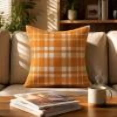 Orange Plaid Fall Throw Pillow Cover, Hidden Zipper Washable Reversible Seasonal Cushion Sham, Wrinkle Resistant Soft Textile Accent for Sofa Couch Thanksgiving Halloween Home Interior Decor