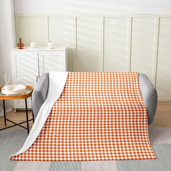 Orange Plaid Fleece Throw Blanket for Couch and Bed Soft Warm Checkered Blanket