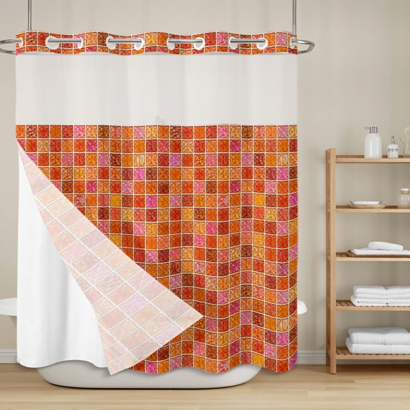 Orange Plaid No Hook Shower Curtain with Snap in Liner, Deep Red Orange Grid Emerald Green Bolck Rustic Waterproof Shower Curtains with See Through Top Window Liner for Bathroom, 72x72 Inches