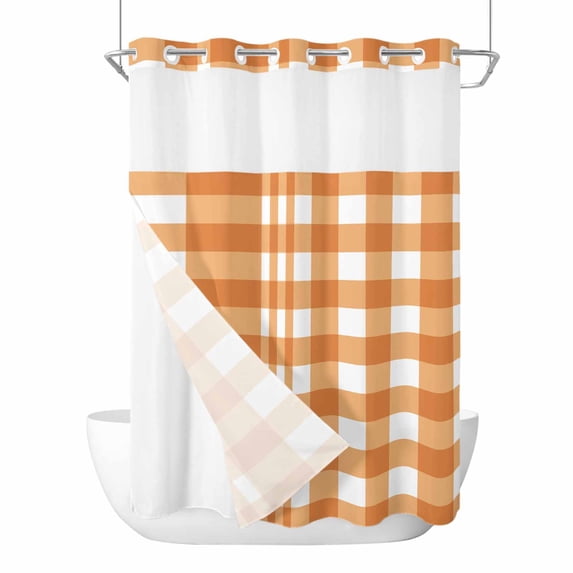 Orange Plaid No Hook Shower Curtain Waterproof,Bathroom Curtains with Snap in Liners and See Through Top Window,Gradient Geometric Buffalo White Checkered Hotel Bathtub Curtains Shower 72"Wx84"L