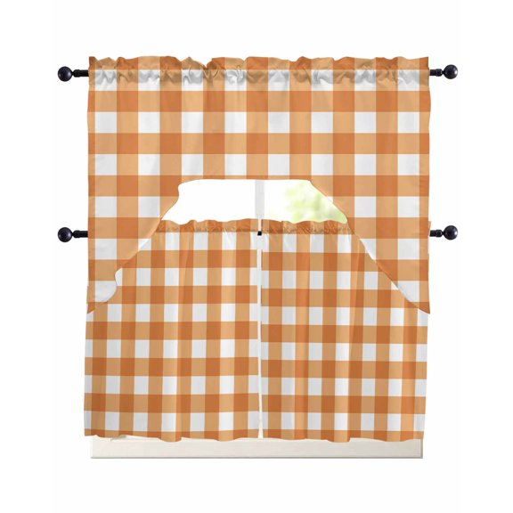 Orange Plaid Kitchen Curtains Sets 24 Inch Length with Valance, Gradient Geometric Buffalo White Checkered Swag Valances and Tiers Curtain Set Drapes Swag Curtains for Living Room, Bathroom, Bedroom