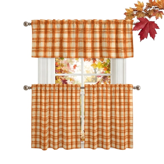 Orange Plaid Kitchen Curtains Sets 36 Inch Length Tier Curtain, Autumn Gingham Grids Modern Rod Pocket Window Treatments, Window Valance Curtains for Bathroom/Bedroom/Cafe 3 Panels