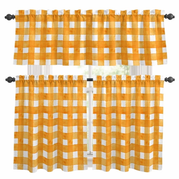 Orange Plaid Kitchen Curtains Sets for Windows 24 Inch Length, Watercolor Grid Checker Gingham Farmhouse Rod Pocket Window Treatments Tier Curtains and Valances Set for Bedroom/Bathroom