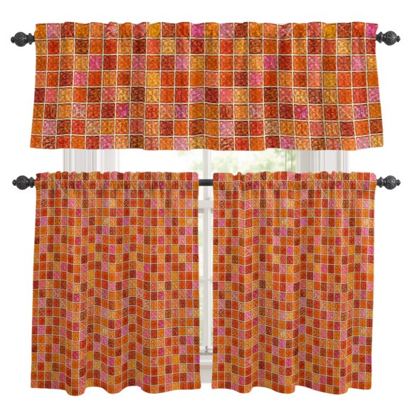 Orange Plaid Kitchen Curtains Valance and Tier Set Deep Red Orange Grid Emerald Green Bolck Rustic Rod Pocket Short Curtains for Small Window 3 Pieces Set for Bedroom Cafe (54" x 18"+27" x 24")