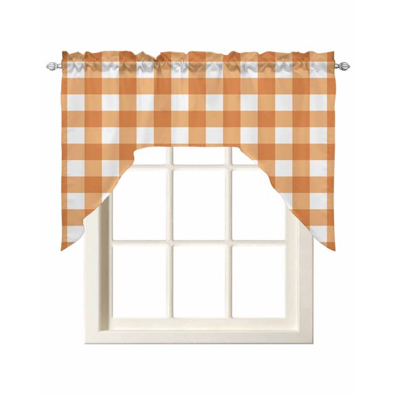 Orange Plaid Kitchen Swag Valance for Window, Rod Pocket Short Kitchen Curtains 36 Inch Length, Gradient Geometric Buffalo White Checkered Swag Topper Small Window Treatment for Cafe Bedroom
