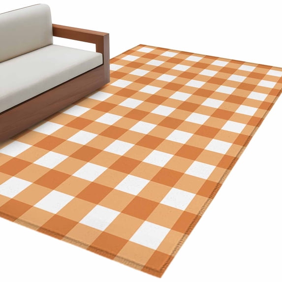 Orange Plaid Large Area Rugs for Bedroom Living Room, Soft Non Slip Carpet Bedside Rug, Gradient Geometric Buffalo White Checkered Rectangle Floor Cover Kitchen Accent Rug 3'x5' for Office