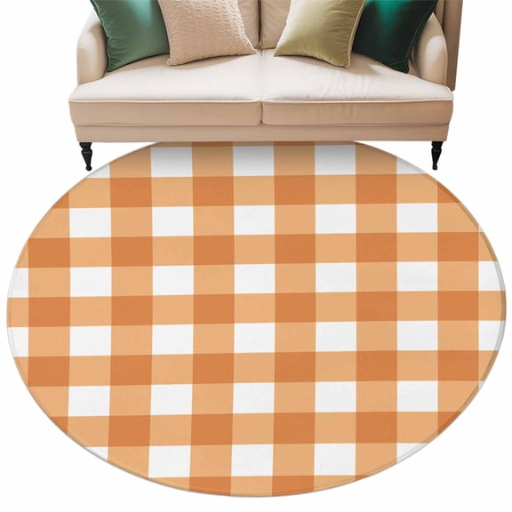 Orange Plaid Large Area Rugs for Bedroom Living Room, Soft Non Slip Carpet Bedside Rug, Gradient Geometric Buffalo White Checkered Round Floor Cover Kitchen Accent Rug 6' for Dining Room/Office