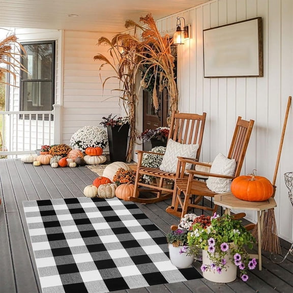 Orange Plaid Outdoor Rug, Hand Woven Check Floor Mat for Fall Halloween Thanksgiving Decor, Layered Front Porch Entryway Farmhouse Patio Doormat