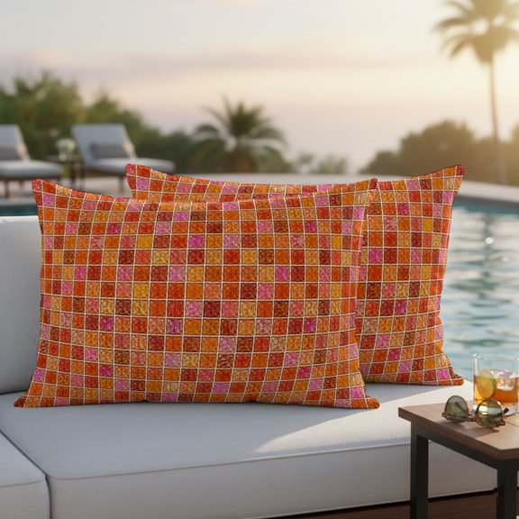 Orange Plaid Outdoor Throw Pillow Covers Set of 2, Deep Red Orange Grid Emerald Green Bolck Rustic Waterproof Pillow Covers Protectors with Hidden Zipper for Garden Couch Bench 20x12in
