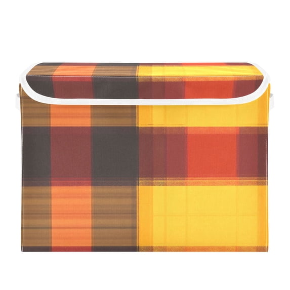 Orange Plaid Pattern Large Storage Bins with Linen Collapsible Lid Storage Box 16.7 x 12.6 x 11.8in