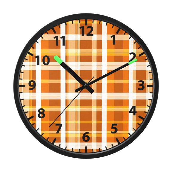 Orange Plaid Pattern Wall Clock 12 Inch Voice Activated Night Light Silent Non Ticking