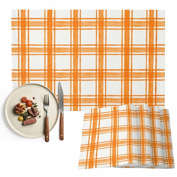 Orange Plaid Placemats Set of 2, Gingham Check Minimalist Modern Grid Farmhouse Washable Wipeable Table Mats for Dining Tables, Indoor Outdoor Kitchen Place Mats for Holiday Party Table Decor