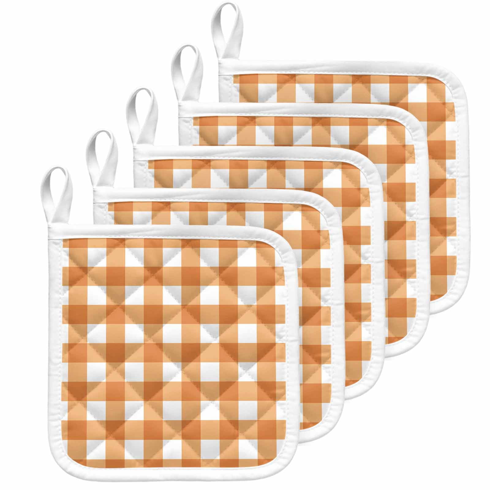 Orange Plaid Pot Holders for Kitchen Heatproof Potholder, 5 Pack Gradient Geometric Buffalo White Checkered Hot Pads Multipurpose Oven Pads Cloth Potholders Trivet for Cooking Baking