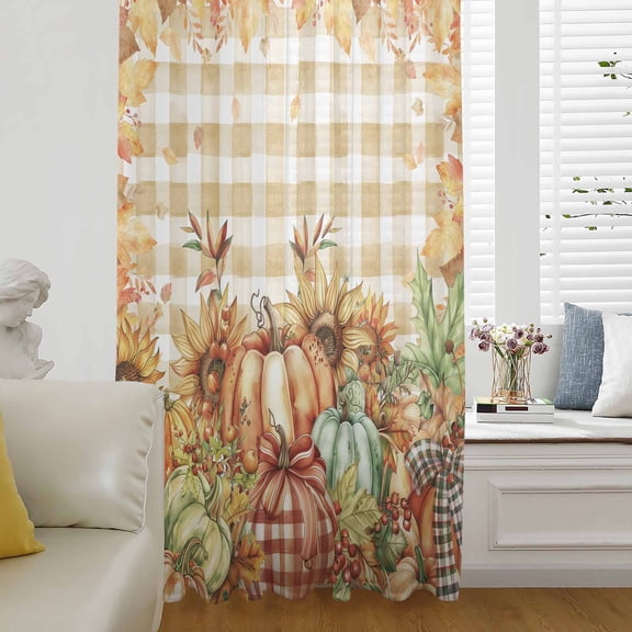 Orange Plaid Pumpkins Fall Thanksgiving Semi Sheer Curtains Drapes for Living Room, Bedroom, French Doors Window 108 Inches Long, Maple Leaf Rod Pocket Chiffon Curtain Drapery Voile Draperies Panel