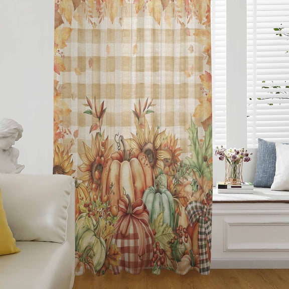 Orange Plaid Pumpkins Fall Thanksgiving Semi Sheer Curtains Drapes for Living Room,Bedroom,French Doors Window 54 Inches Long,Maple Leaf Rustic Rod Pocket Chiffon Curtain Drapery Voile Drape Panel