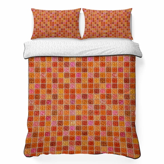 Orange Plaid Queen Quilt Bedding Set, Deep Red Orange Grid Emerald Green Bolck Rustic Lightweight Comforter with 2 Pillow Shams Bedroom Bedspread Set Home Decor for All Seasons