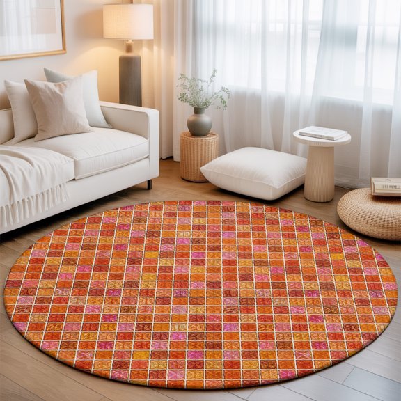 Orange Plaid Round Living Room Rugs 6 ft, Deep Red Orange Grid Emerald Green Bolck Rustic Washable Area Rug with Non-Slip Sturdy Edge Binding Round Carpet for Kitchen Office Bedroom