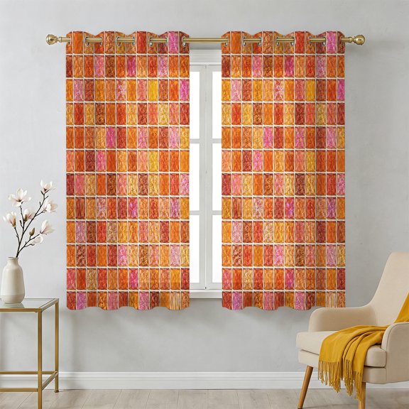 Orange Plaid Sheer Curtains 39 Inch Long 2 Panels, Deep Red Orange Grid Emerald Green Bolck Rustic Light Filtering Semi Sheer Drapes Grommet Voile Window Curtain for Living Bedroom W27.9 x L39