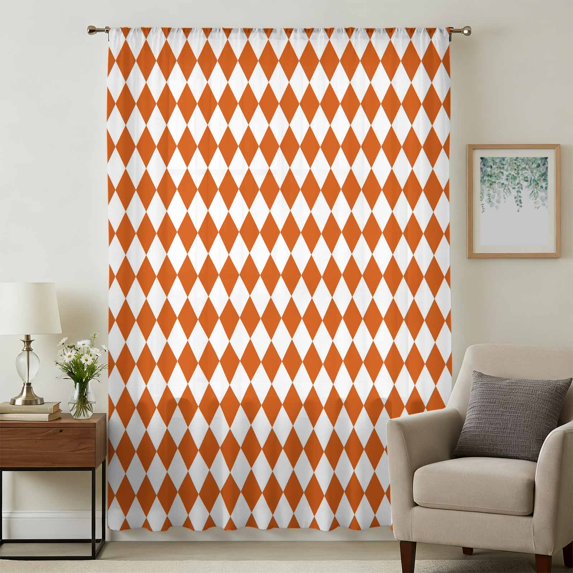 Orange Plaid Sheer Curtains 54" Long, Modern Minimalist Geometric Gingham Checkered Light Filering Curtains, Breathable Simi Curtain Privacy Drapes for Kitchen Bathroom Nursery Small Window Treatment